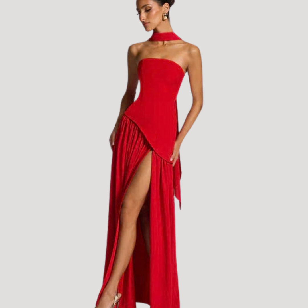 Women's elegant strapless pleated formal dress, perfect for any special occasion.