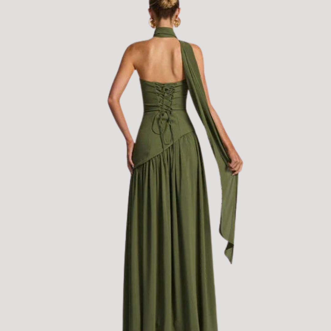 Sophisticated strapless pleated gala dress, a long elegant gown for women.