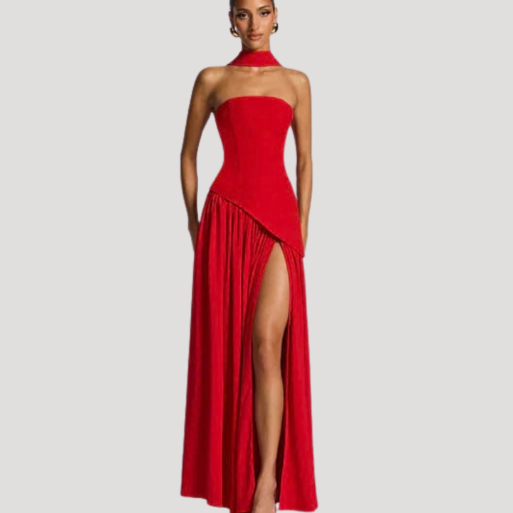 Graceful women's strapless formal pleated maxi, ideal for evening events.