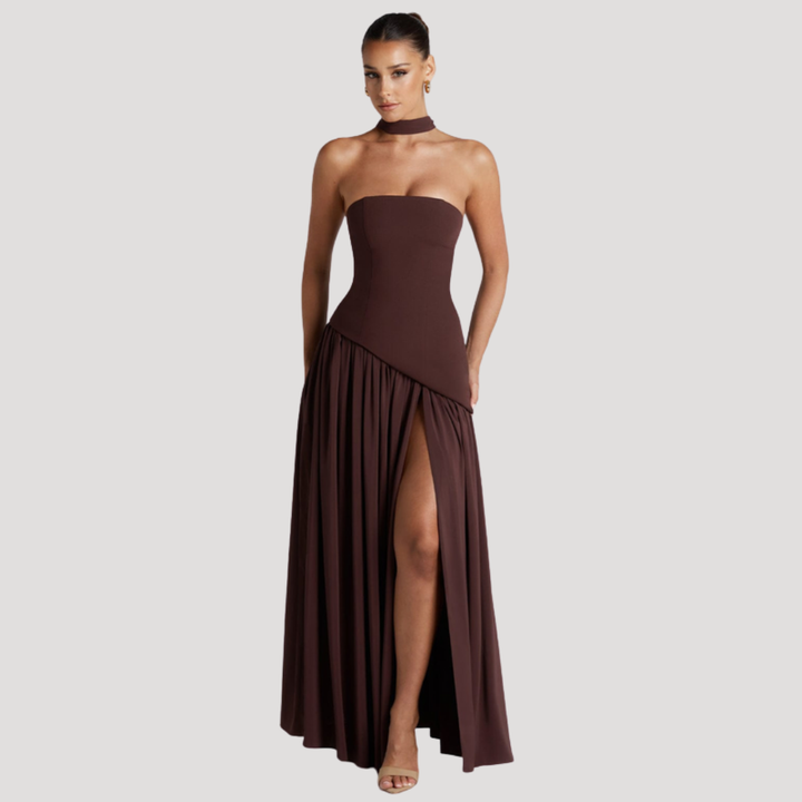 Stunning pleated strapless evening maxi, an elegant long gown for women's formal wear.