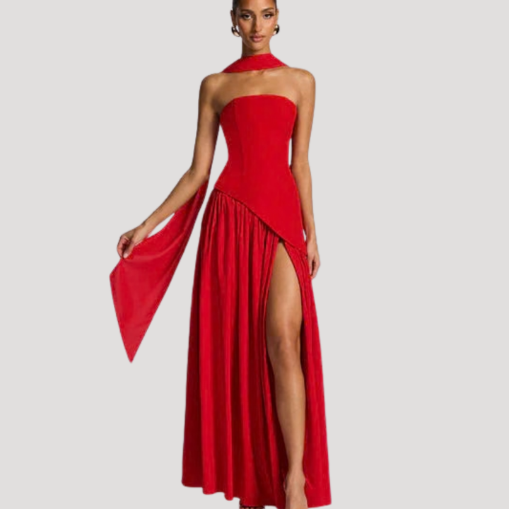 Women's formal strapless pleated dress, a beautiful long design for special events.