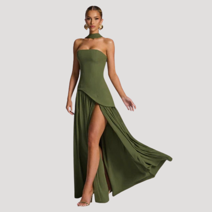 Women's formal strapless pleated party dress, a long elegant design for galas.