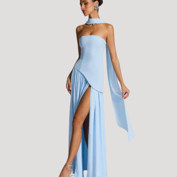 Women's elegant strapless pleated party dress, perfect for special occasions.