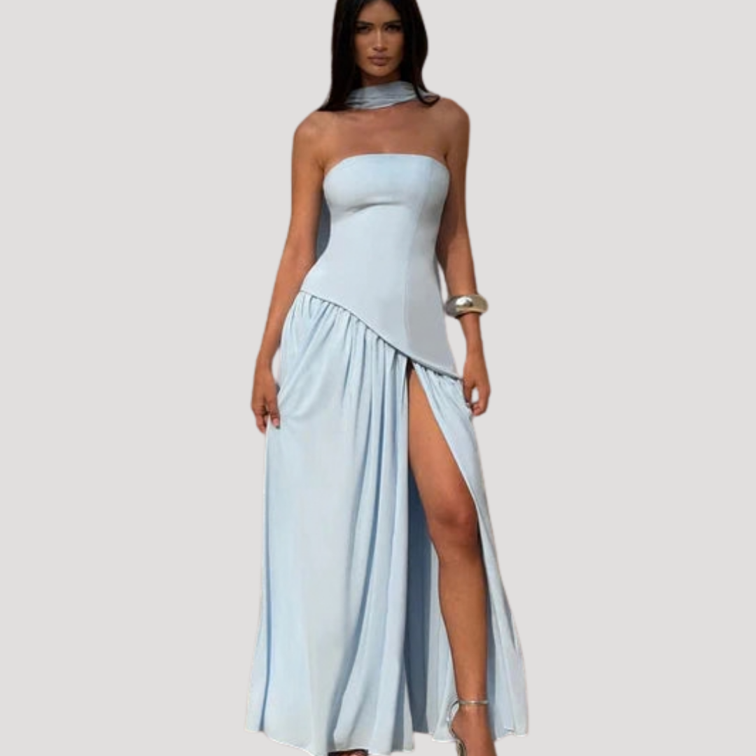 Women's formal strapless pleated prom dress, a beautiful long design.