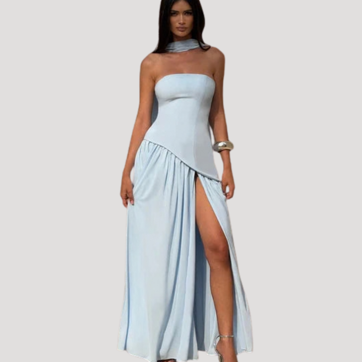 Women's formal strapless pleated prom dress, a beautiful long design.