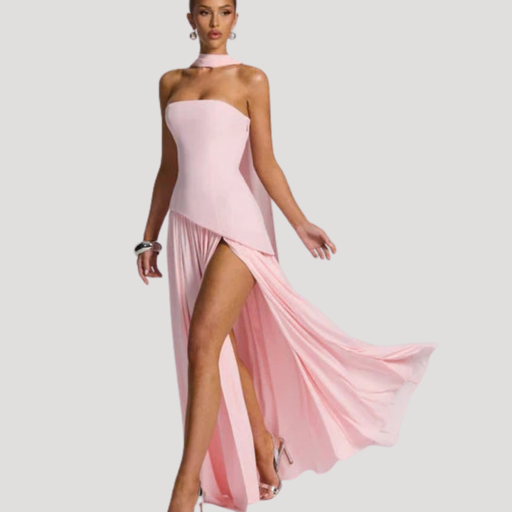 Long pleated strapless gala dress, a chic formal design for women's events.