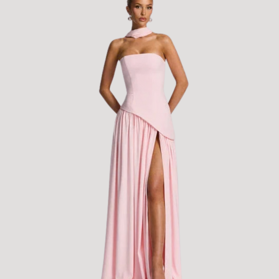 Women's elegant strapless pleated evening dress, perfect for formal occasions.