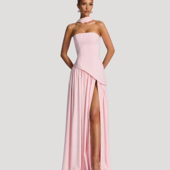 Women's elegant strapless pleated evening dress, perfect for formal occasions.