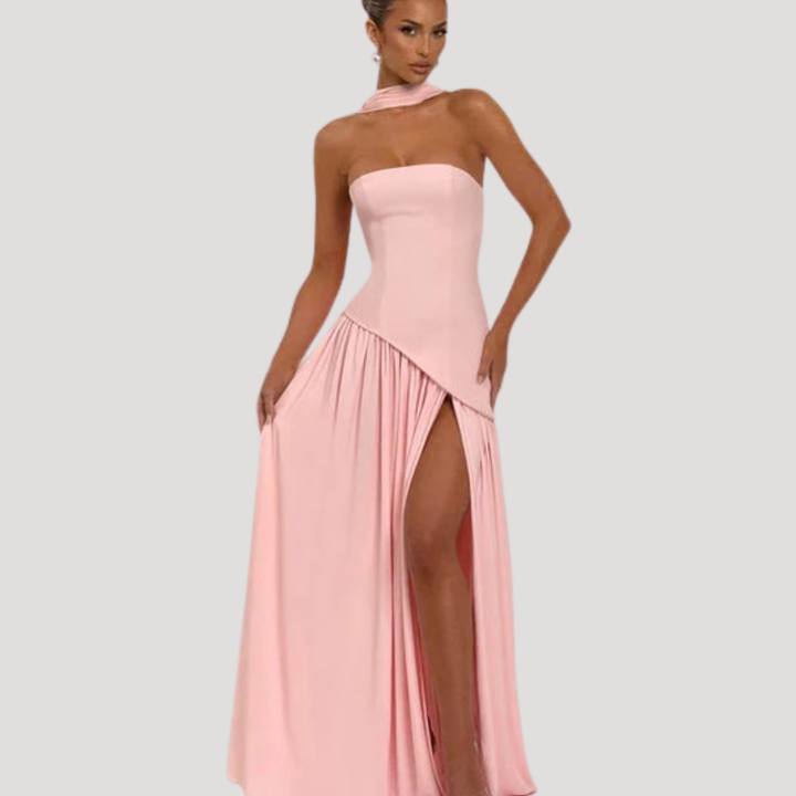 Sophisticated strapless pleated prom gown, a long elegant dress for women.