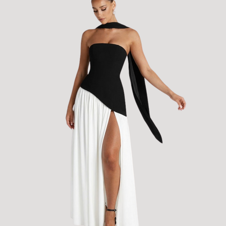 Chic strapless pleated formal gown, a women's long dress for special events.