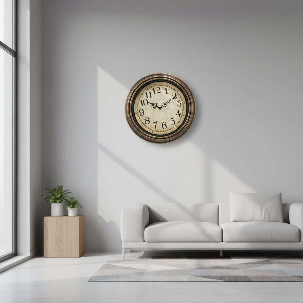 Elegant Timeless Wall Clock with silent quartz movement, perfect for modern home decor in living room or office.