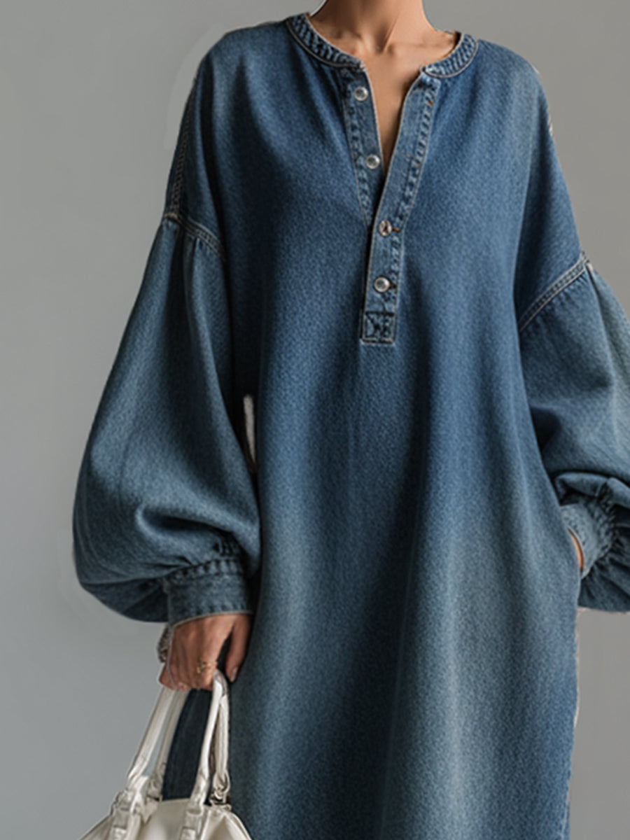 Full-length blue button-down maxi dress, women's urban elegant style, relaxed and versatile for any occasion.
