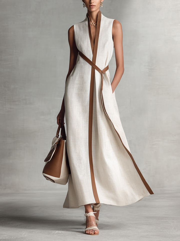 Elegant V-neck A-line maxi dress for women, sleeveless with contrast trim. Perfect for special occasions.