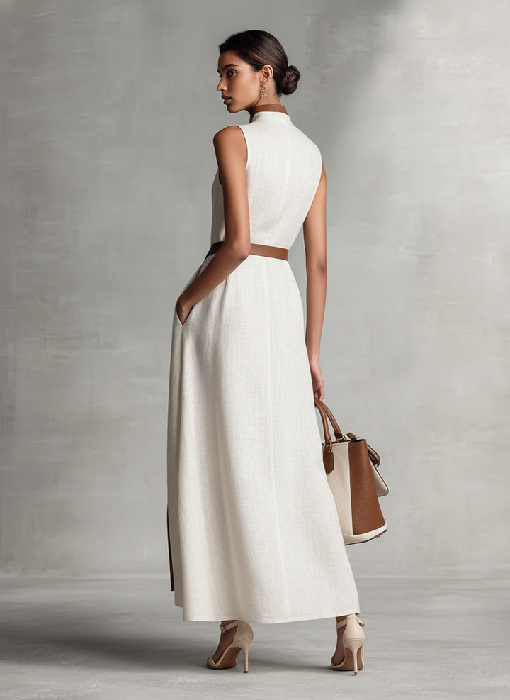 Beautiful women's elegant A-line maxi dress, V-neck, sleeveless, contrast trim. Chic for special occasions.