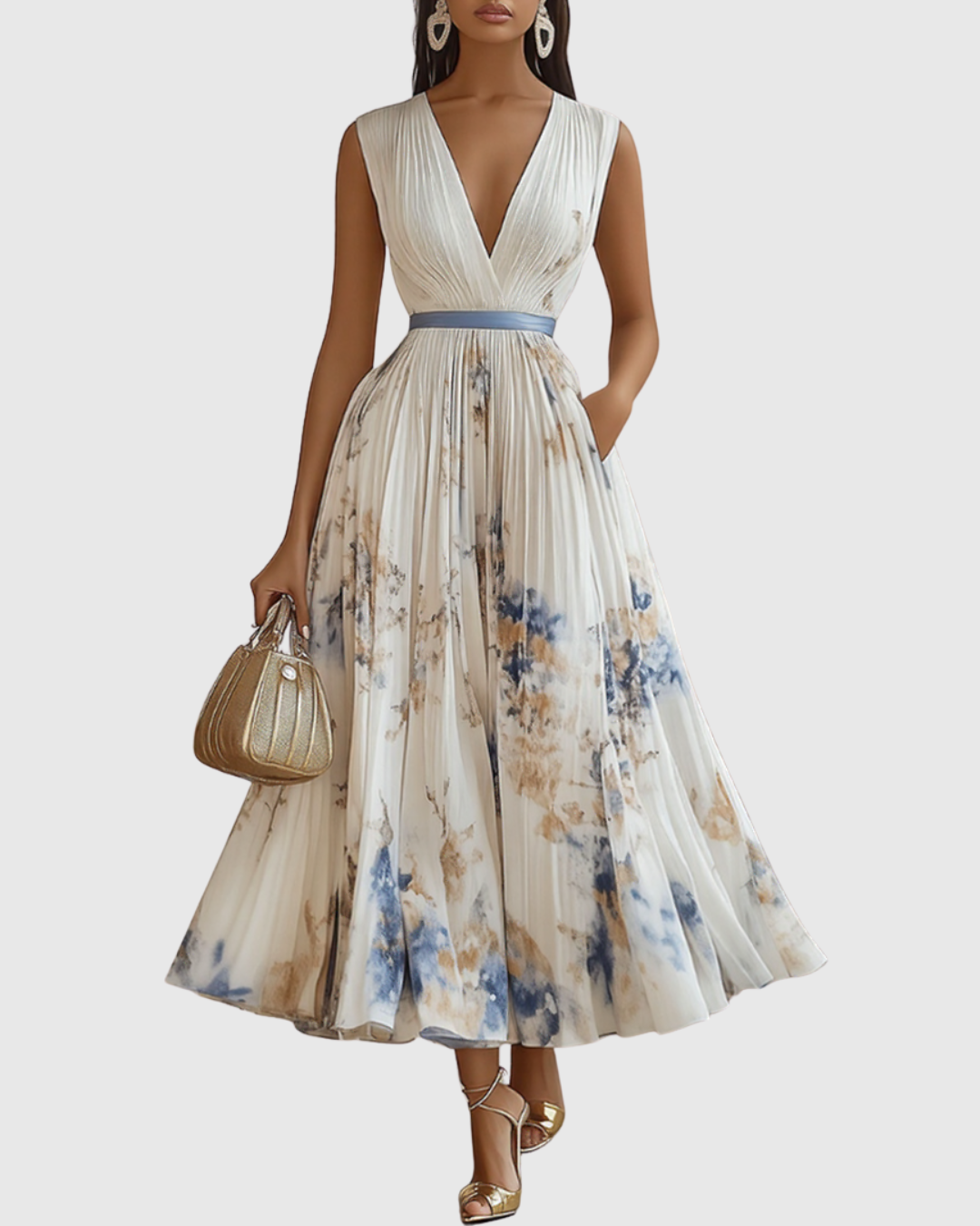 Elegant V-Neck A-Line midi dress for women, perfect for formal events & parties.