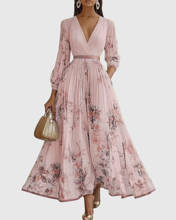 Formal women's A-line midi dress featuring a flattering V-neck, ideal for evening events.