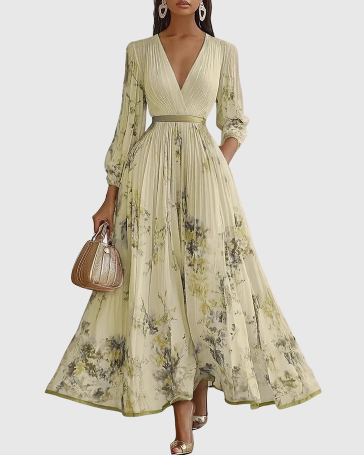 Classic V-neck A-line midi dress for women, a timeless elegant choice for special occasions.
