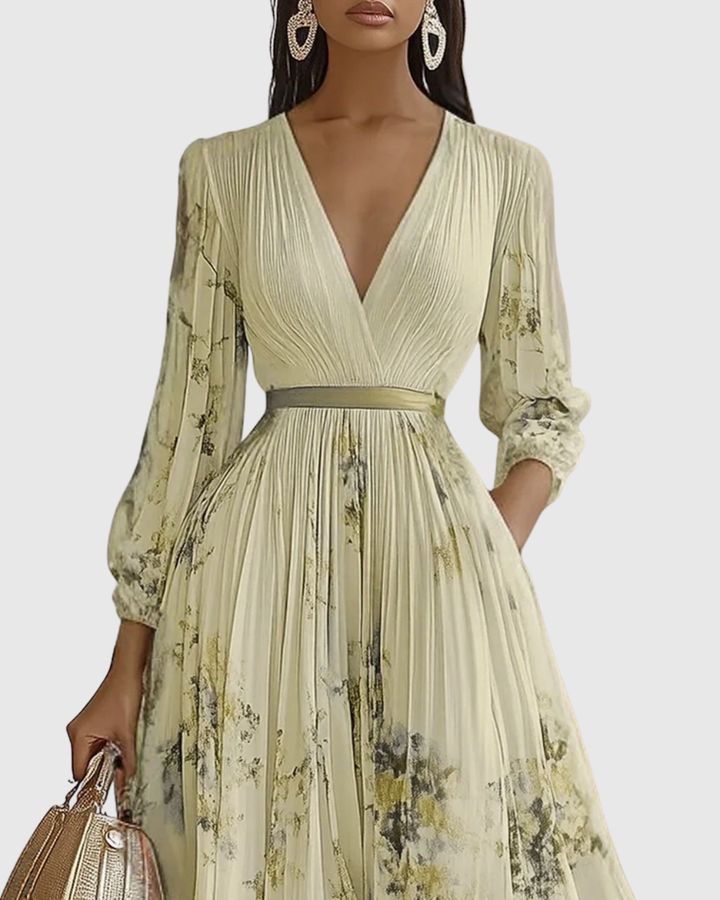 Stylish women's midi dress, A-line silhouette with V-neck, perfect for elegant formal wear.