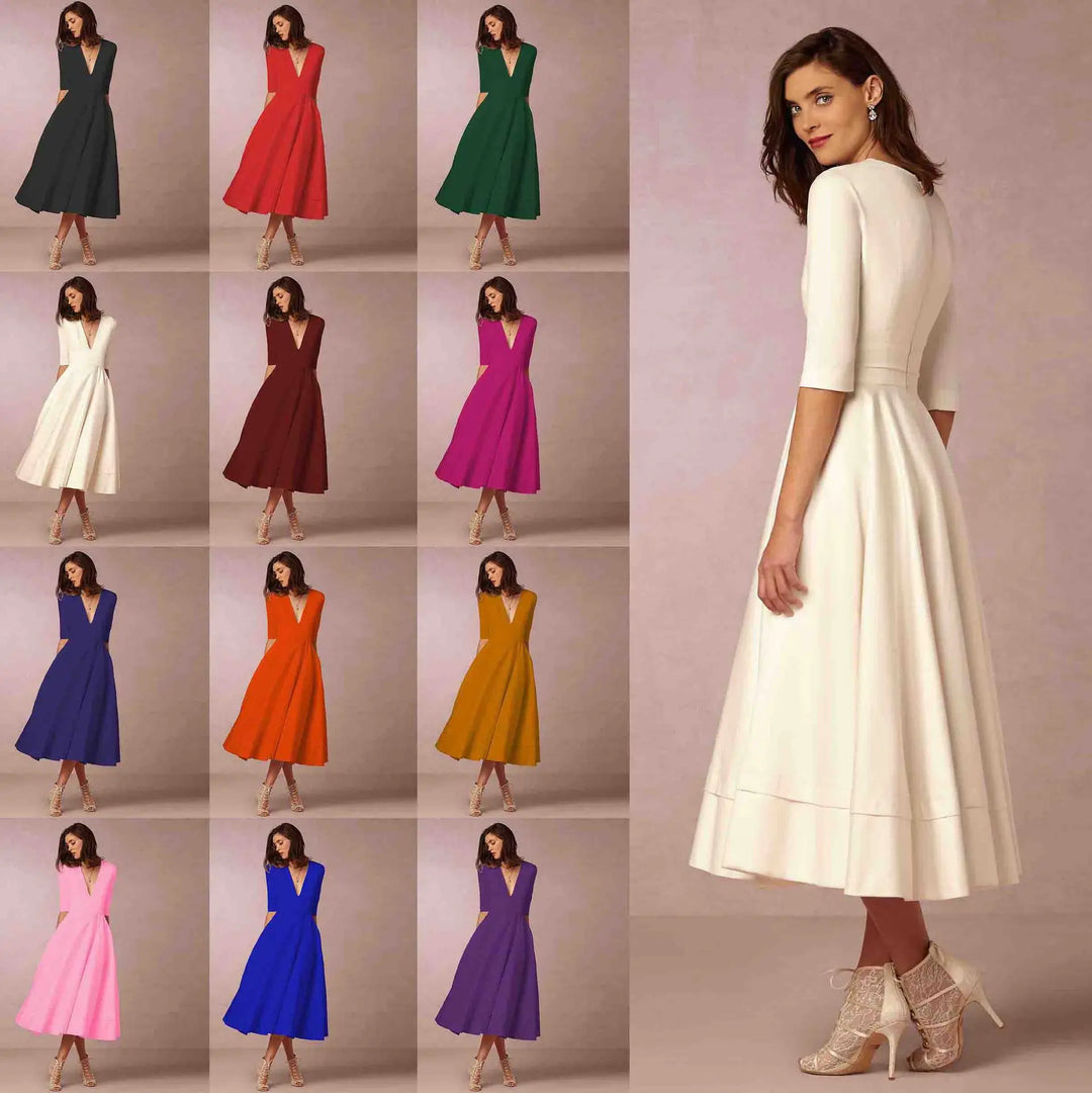 Women's fashionable V-neck elbow-sleeve midi dress. Suitable for various elegant occasions.