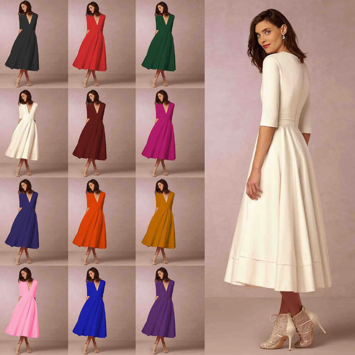 Women's fashionable V-neck elbow-sleeve midi dress. Suitable for various elegant occasions.