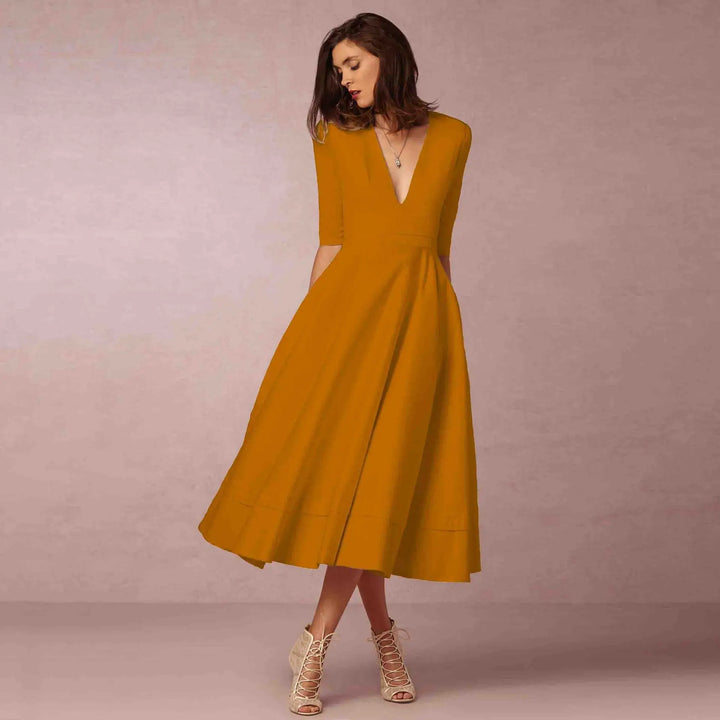 Stylish women's V-neck elbow-sleeve midi dress. Perfect elegant evening or formal event attire.