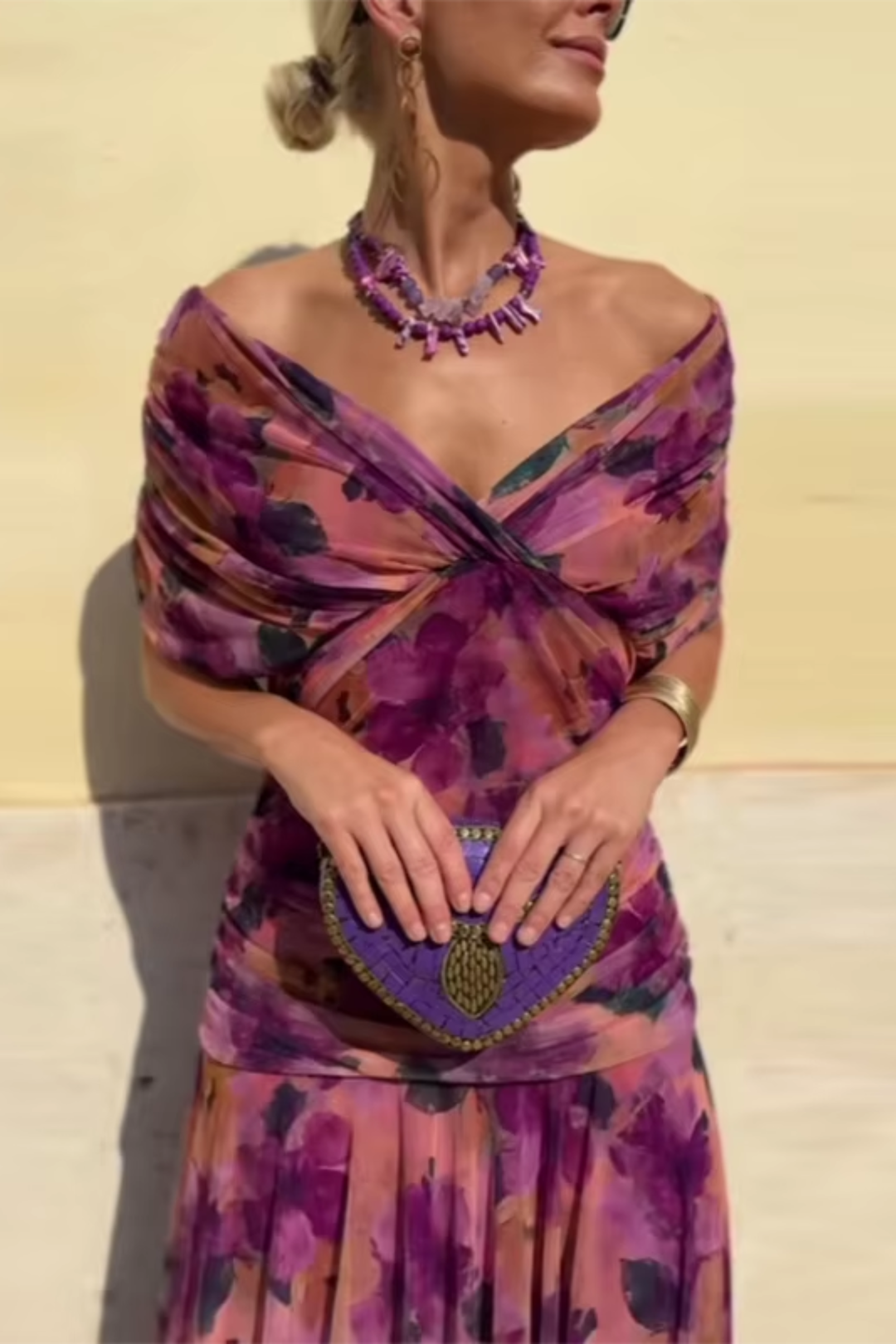 Stylish women's V-neck special occasion dress, a flowy maxi gown with an elegant design.