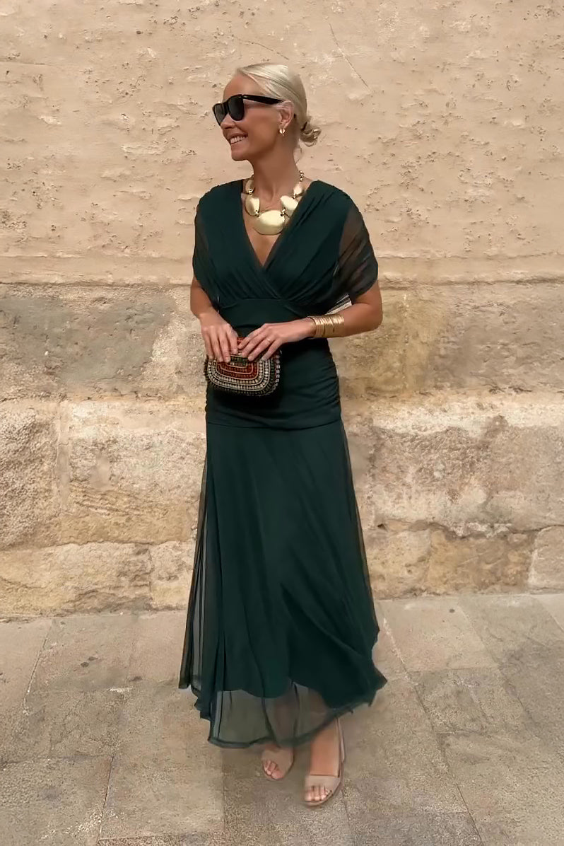 Elegant V-neck maxi dress for women, with flowy flutter sleeves. Perfect for spring & summer parties.
