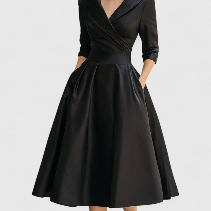 Stylish women's elegant midi dress with V-neck & 3/4 sleeves, suitable for parties & office wear.