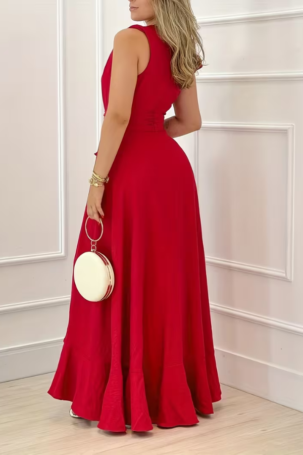 Chic V-neck sleeveless maxi dress for women, a beautiful choice for summer events, beach vacations, or evening wear.