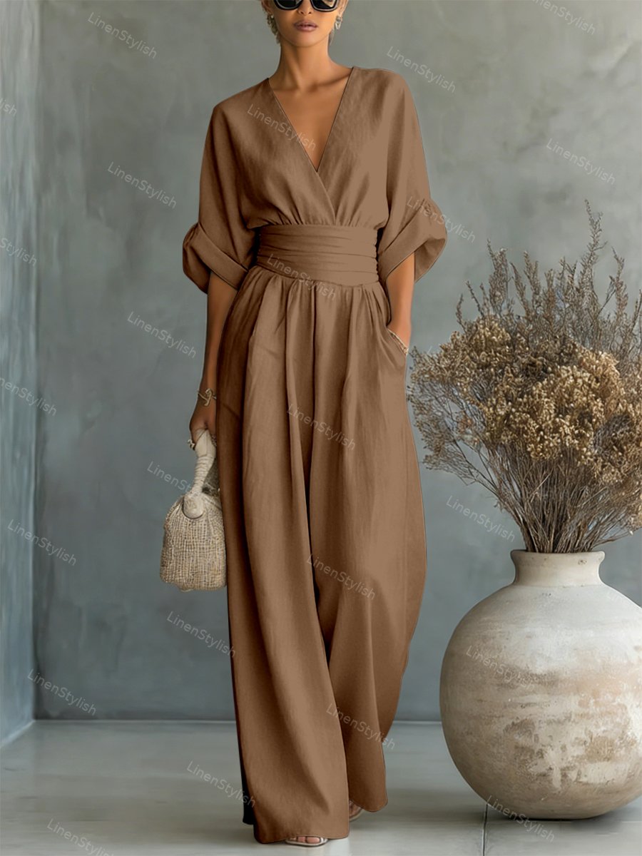 Sophisticated women's V-neck jumpsuit, perfect for elegant events and versatile fashion.