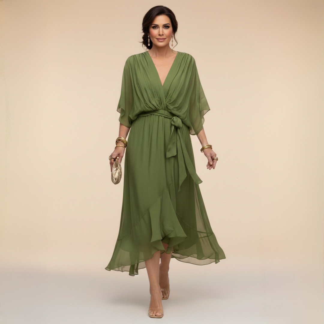 Elegant V-neck wrap midi dress for women, flattering and stylish for any occasion.