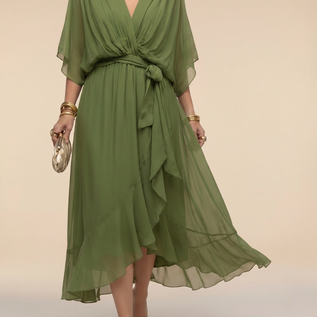 Women's elegant V-neck wrap midi dress with flattering fit, perfect for versatile styling.