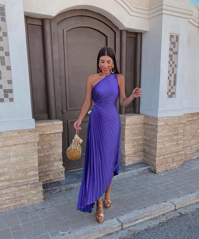 Elegant violet one-shoulder pleated maxi dress for women, perfect as a wedding guest or special occasion gown.