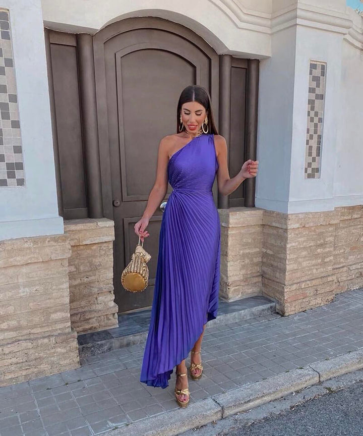 Elegant violet one-shoulder pleated maxi dress for women, perfect as a wedding guest or special occasion gown.
