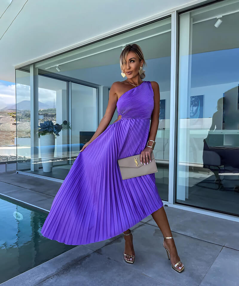 Women's pleated one-shoulder maxi dress in a chic violet hue, ideal for evening events & cocktail parties.