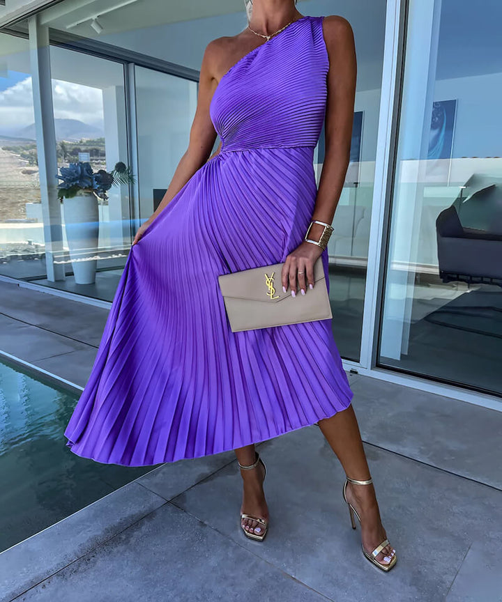 Stylish women's violet maxi dress with one-shoulder design, pleats & a ruched waist for elegant occasions.