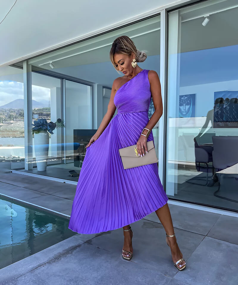 Flowing violet one-shoulder evening gown featuring delicate pleats and an asymmetric hem, for women.