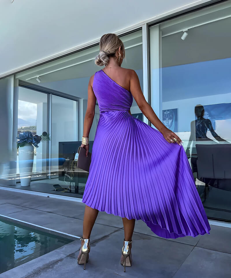 Chic one-shoulder pleated maxi dress for women, in violet, with a ruched waist & elegant wedding guest style.