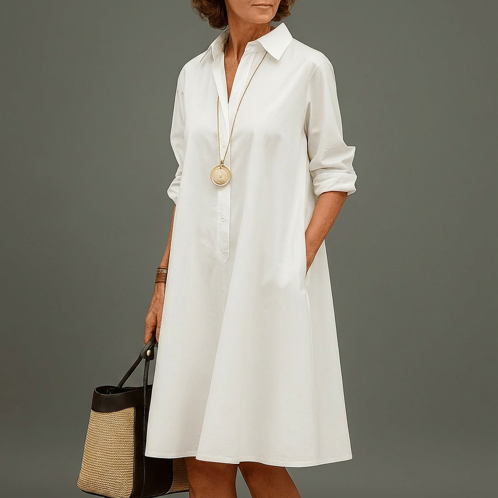 Elegant white A-line midi dress for women, featuring a classic collar and full button-down front for versatile style.