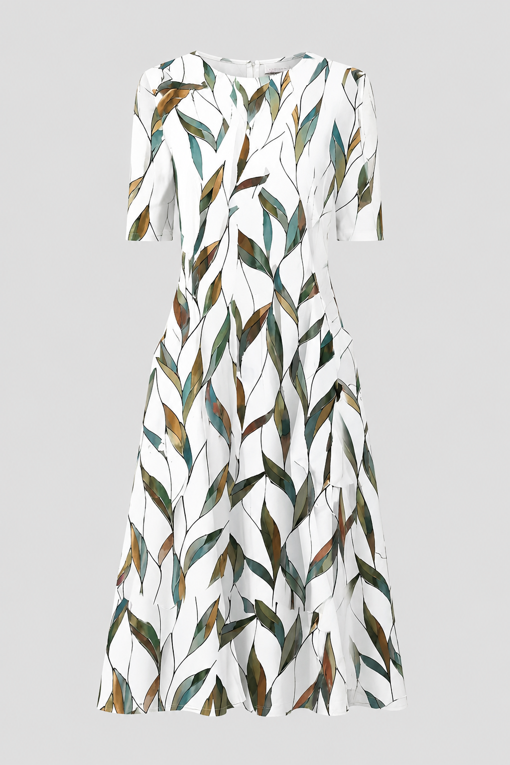 Elegant white A-line midi dress for women with short sleeves. Perfect versatile summer or evening wear.