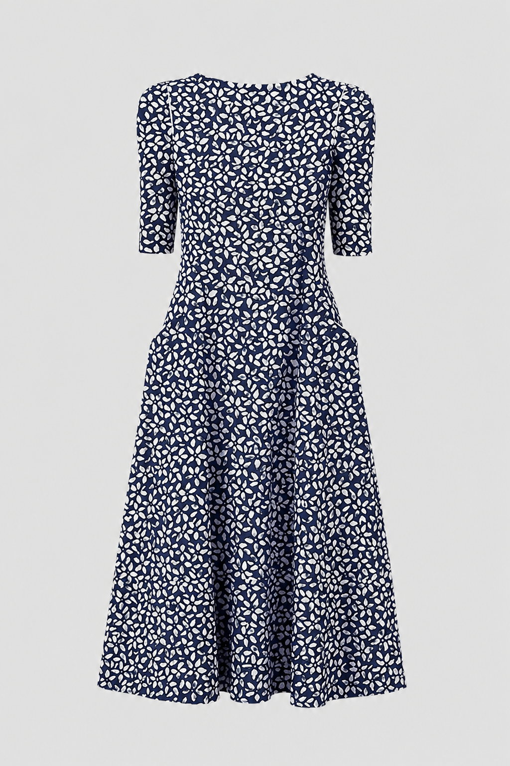 Versatile women's dark blue A-line midi dress, short sleeve. Ideal for day, evening, or summer occasions.