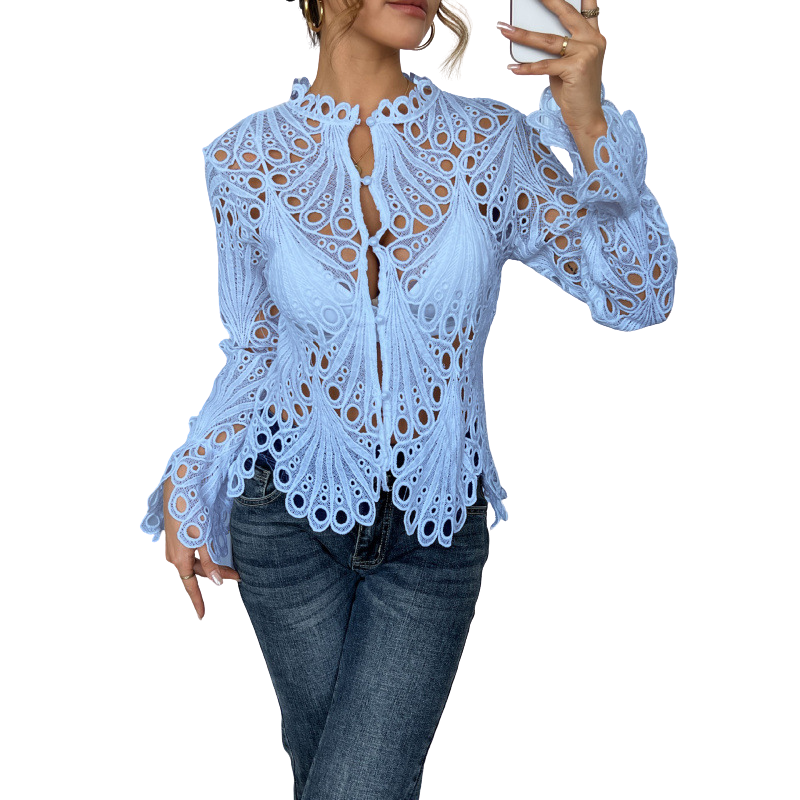 Romantic women's long sleeve lace blouse with intricate cutwork design, perfect for elegant spring fashion.