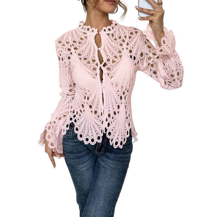 Stylish women's white cutwork lace top, a versatile long sleeve hollow out blouse for summer chic.