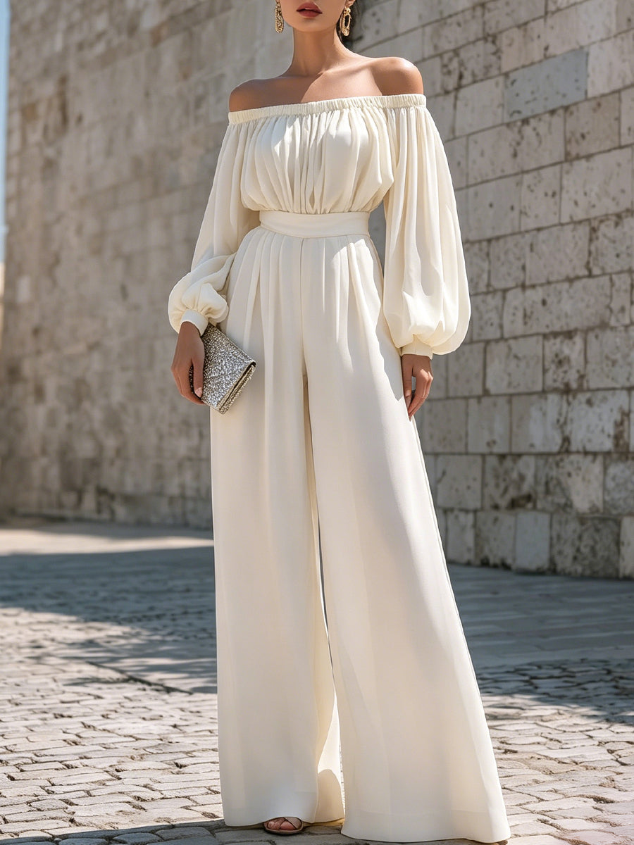 Elegant white off-shoulder maxi dress with bishop sleeves, perfect for garden parties.