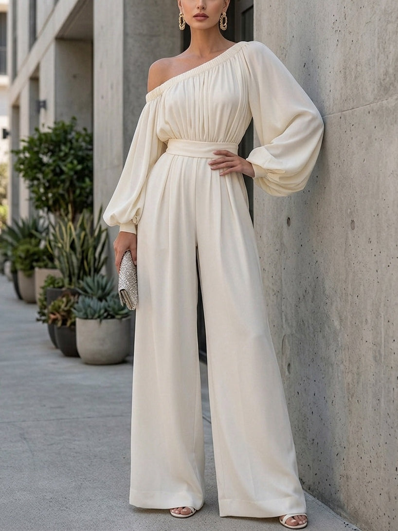 Stunning white off-shoulder maxi dress for women, featuring elegant bishop sleeves for events.