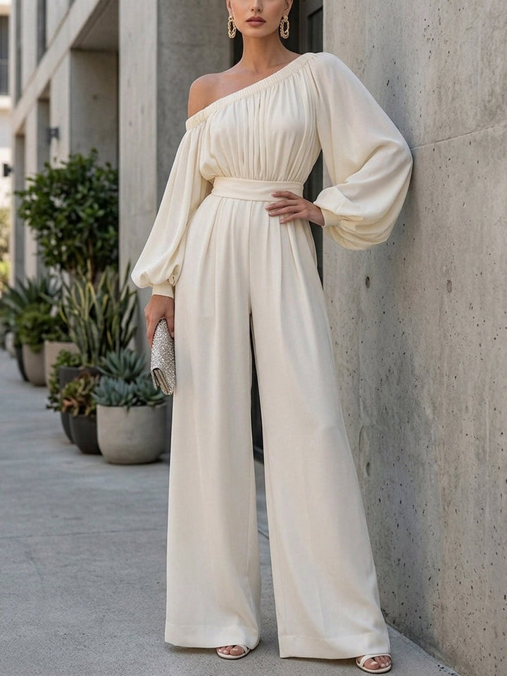 Stunning white off-shoulder maxi dress for women, featuring elegant bishop sleeves for events.