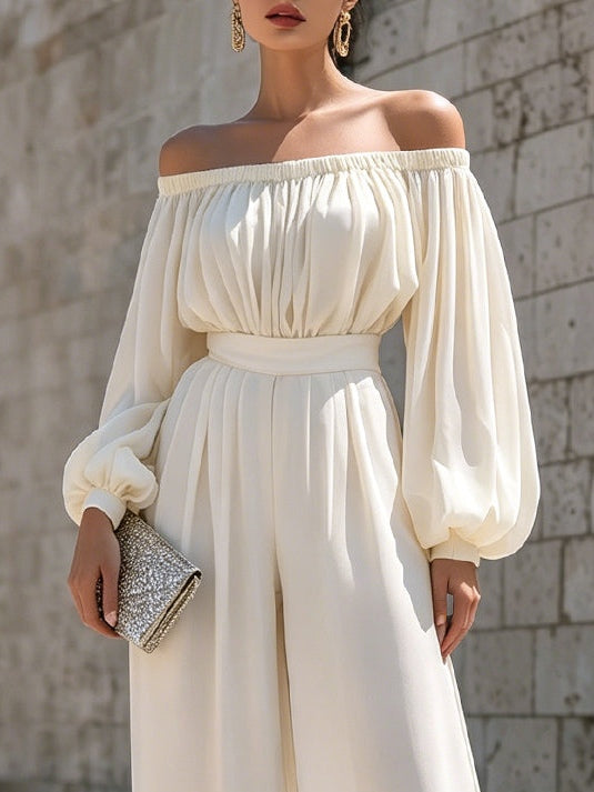Women's elegant white maxi dress, off-shoulder neckline & bishop sleeves. Perfect for summer style.