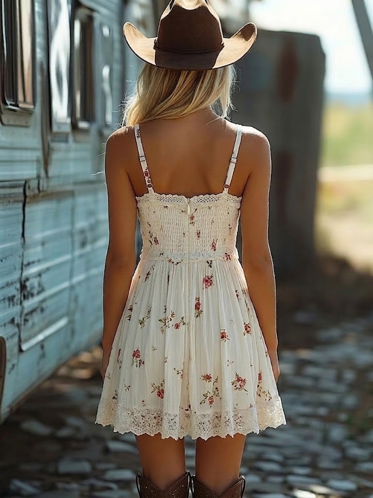 White floral mini dress for women featuring a V-neck, spaghetti straps, ruffles, and a stylish high-low hem.