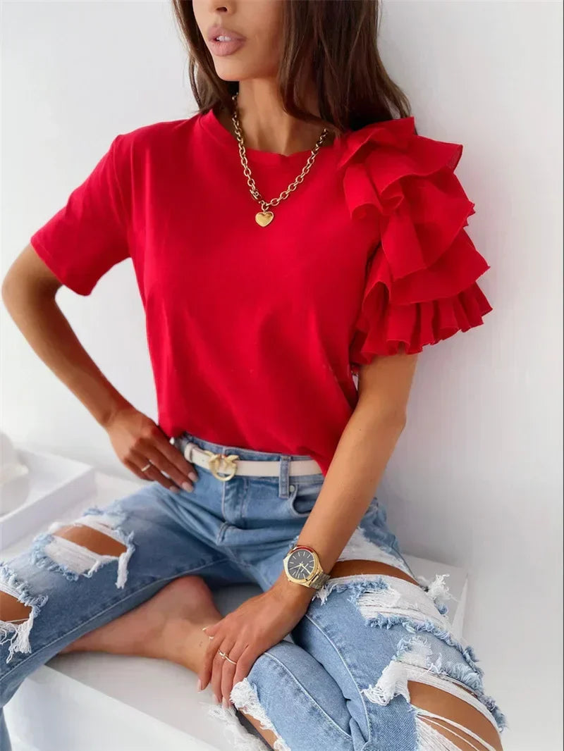Elegant white women's ruffle sleeve top, a versatile blouse for summer style & chic fashion.