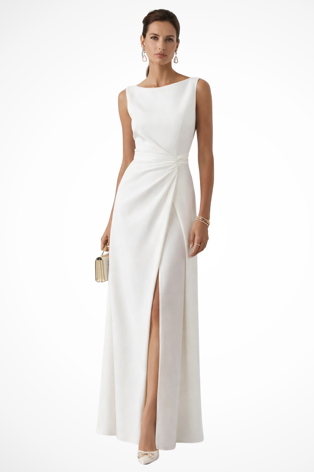 Elegant white women's sleeveless maxi dress with a graceful side slit and draped waist, perfect for evening events.
